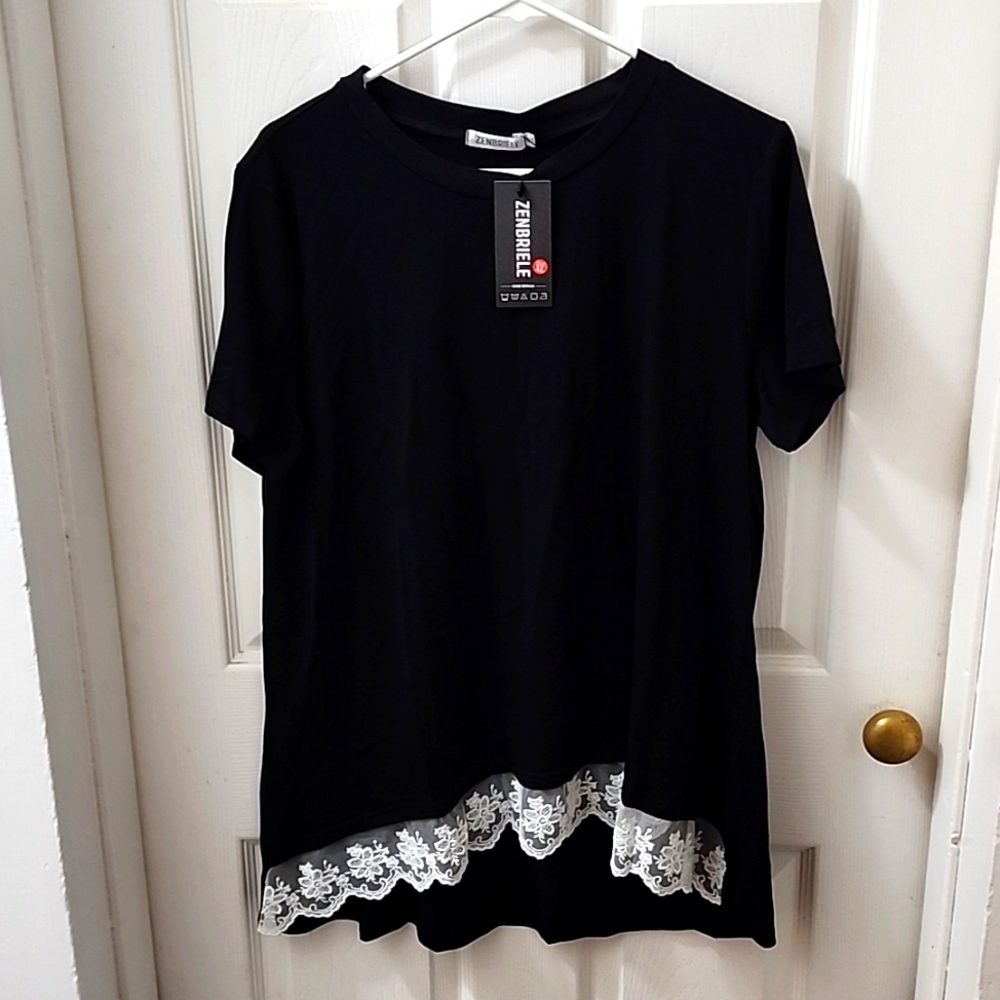 Zenbriele Short Sleeve Lace Bottom Top, Women's Size XL, Black